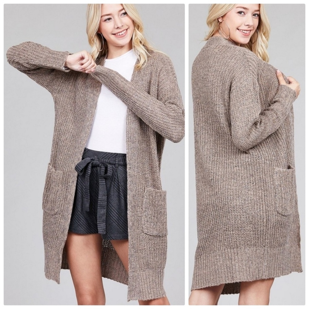 PLUS SIZE Khaki Marled Sweater Cardigan w Pockets